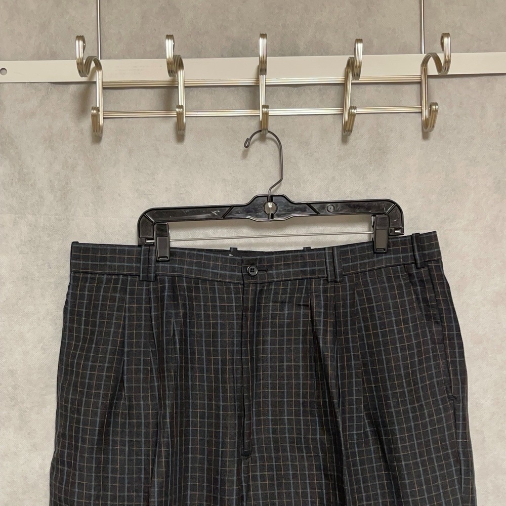 VTG Men Linen Pants 38x32 Black Check Baggy Wide Leg Linen Pleated Cuffs Hopsack